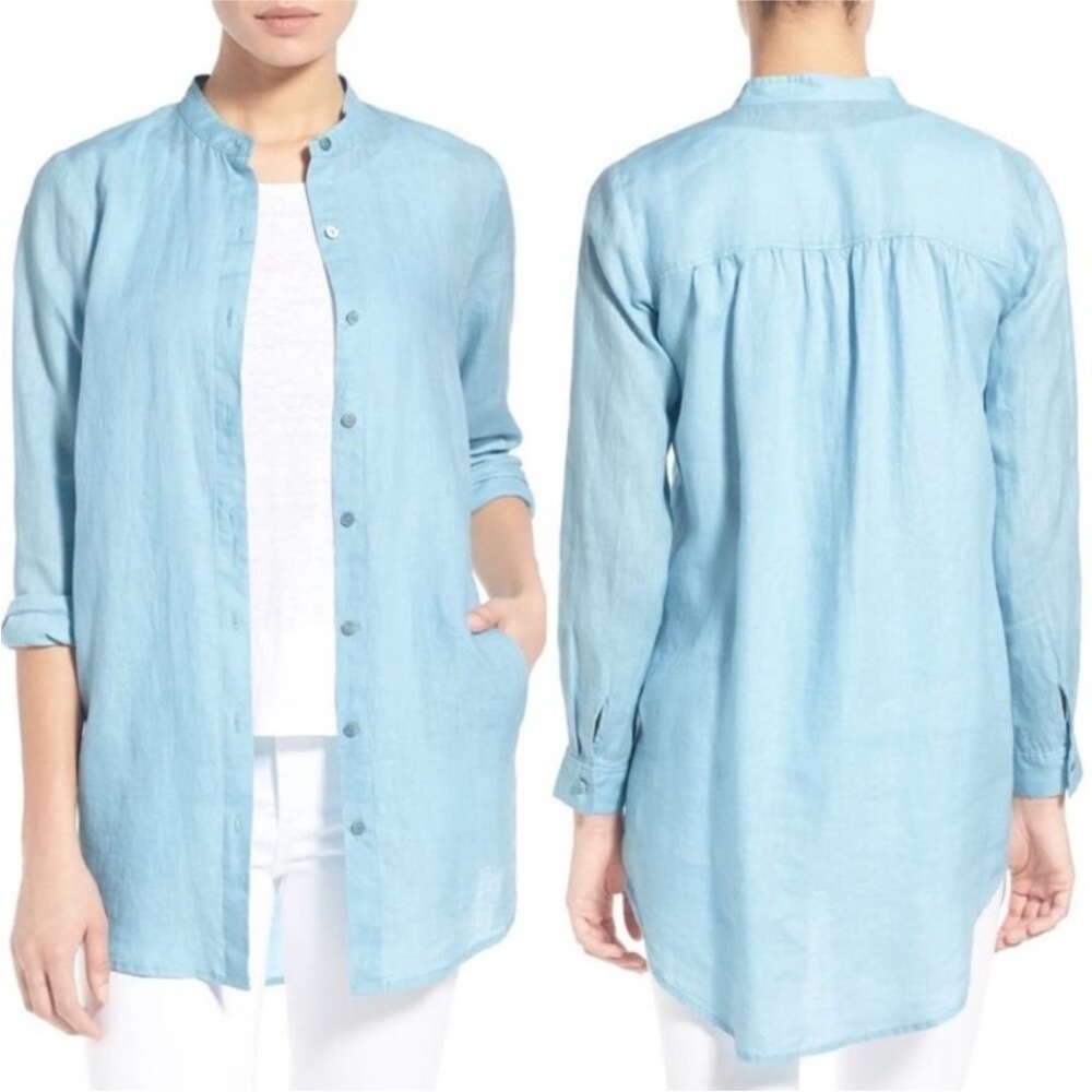 Eileen Fisher Handkerchief Organic Linen Mandarin Collar Tunic Shirt